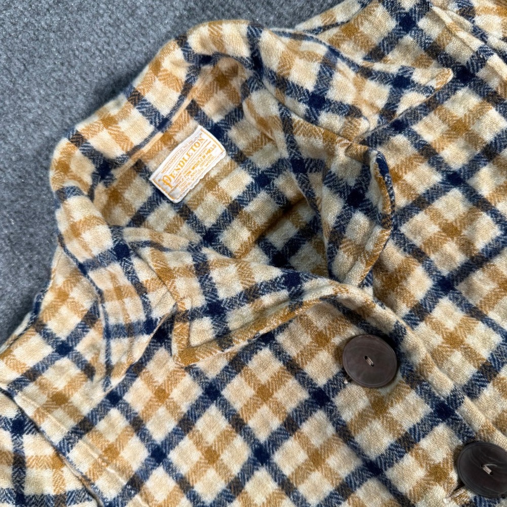 Vintage Pendleton 49er Wool Plaid Jacket Tan Blue Button Front Virgin Wool #4332